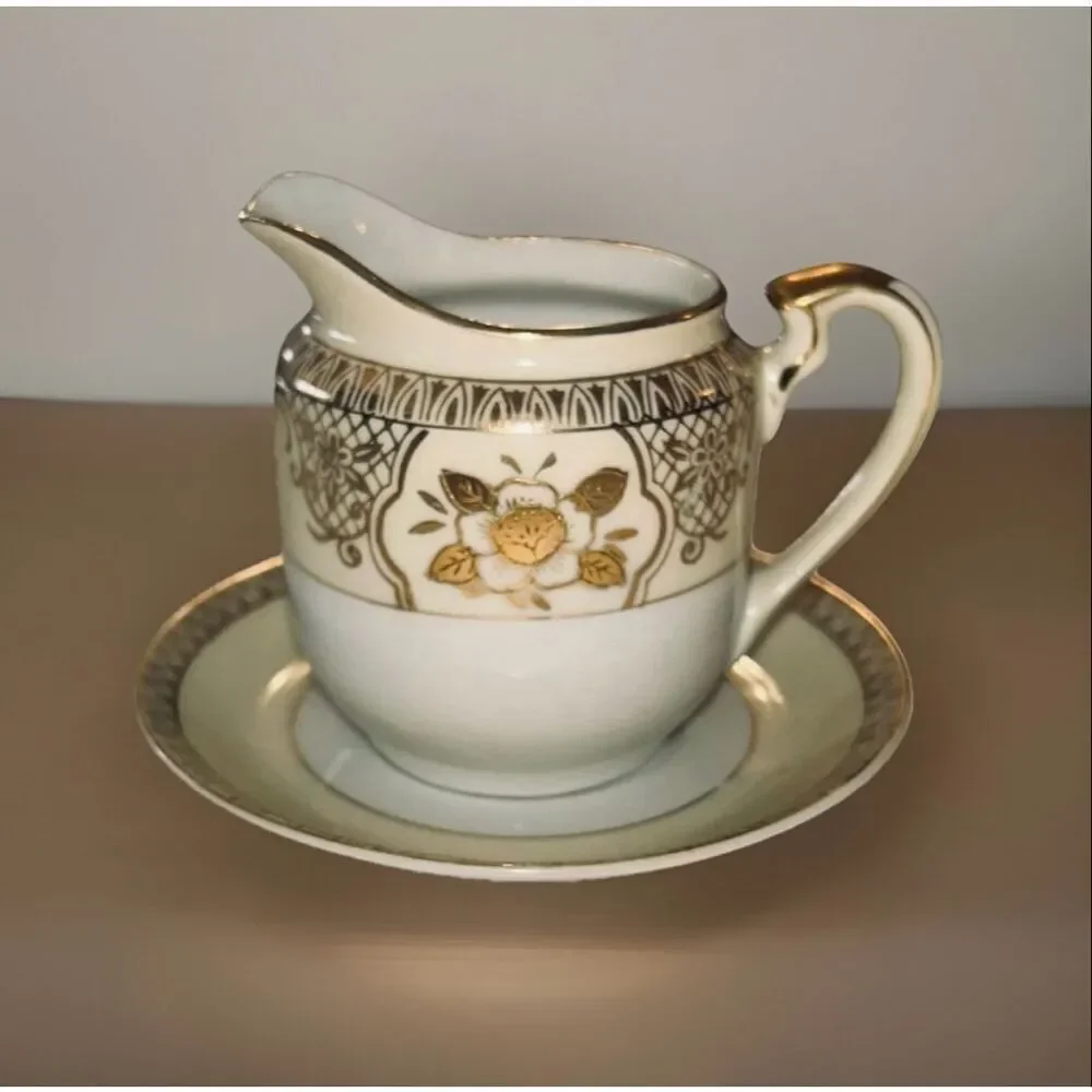 Vintage Chikaramachi Hand Painted Porcelain Creamer  Saucer Made In Japan